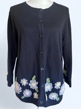 Bechamel Navy Floral Ribbon Embroidered Beaded Cardigan Sweater M Grandmacore